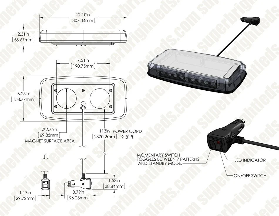 Mini Emergency 12" LED Light Bar - Magnetic Surface Mount - 12V Plug - Amber/White - Image 6