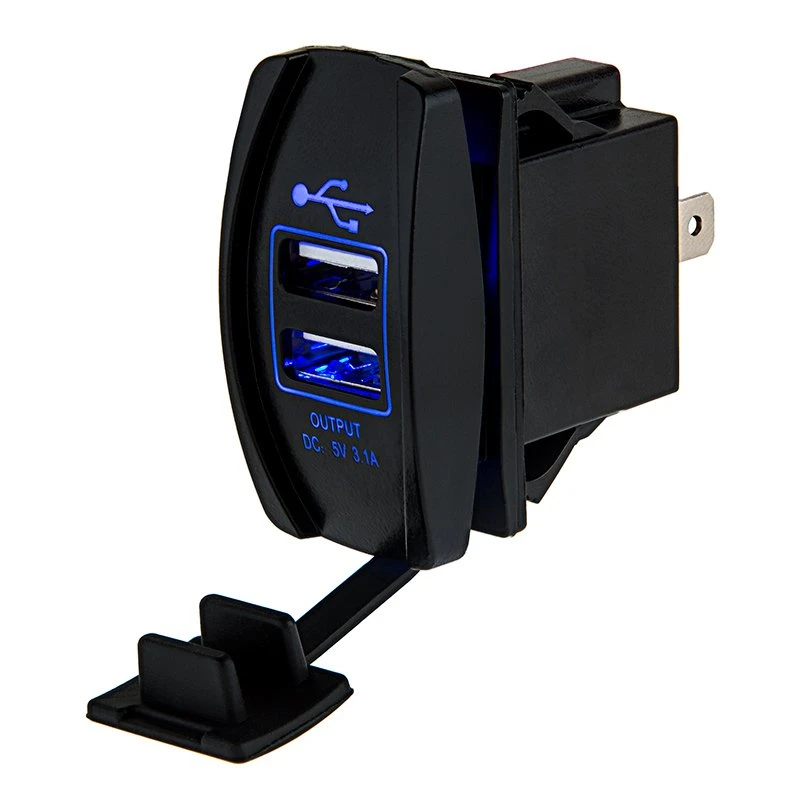 Dual USB Charger LED Rocker Switch Adapter - USB Type A - Blue - Dual USB Power Port