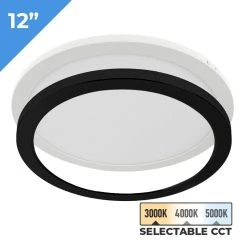 TCP 12" LED Slim Flush Mount Fixture - Matte Black Trim Ring - 24W - Selectable CCT - Dimmable - Up To 2,040 Lumens