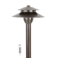 Solid Brass Landscape Path Light - 6" Two-Tier Cone Shade - Drop-In Fixture - Optional G4 Bulb - 2700K / 4000K / 6500K