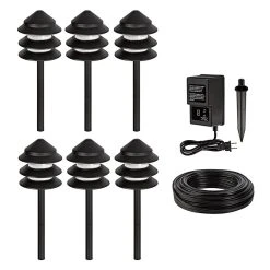 LED Landscape Lighting Kit - 6 Triple Tier Pagoda Path Lights - Low Voltage Transformer - Warm White