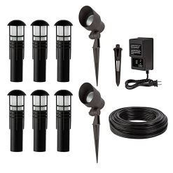 LED Landscape Lighting Kit - 6 Mini Bollard Path Lights - 2 Spotlights - Low Voltage Transformer - Warm White