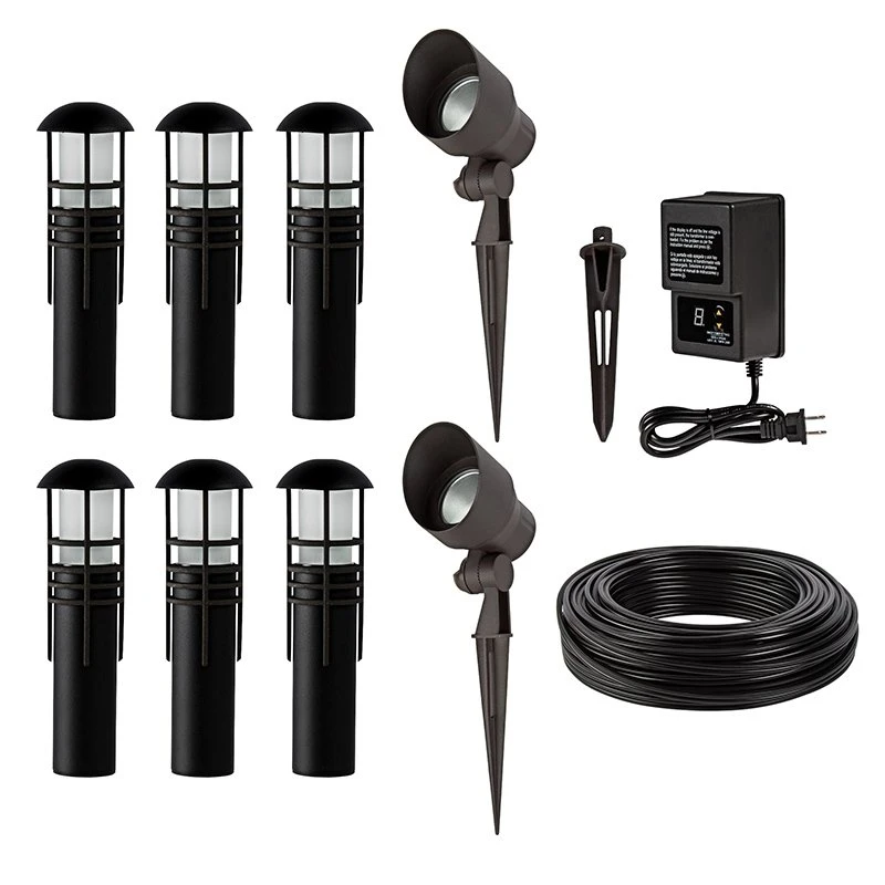 LED Landscape Lighting Kit - 6 Mini Bollard Path Lights - 2 Spotlights - Low Voltage Transformer - Warm White
