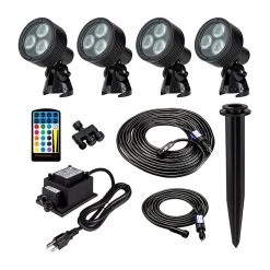 G-LUX Series Landscape Lighting Kit - 4 Color Changing RGB Spotlights - Low Voltage Transformer - Plug And Play - RGB