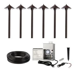 LED Landscape Lighting Kit - 6 Cone Shade Path Lights - Stainless Steel Transformer
