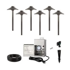 LED Landscape Lighting Kit - 6 Brass Cone Shade Path Lights With White G4 LED Bulbs - Low Voltage Transformer