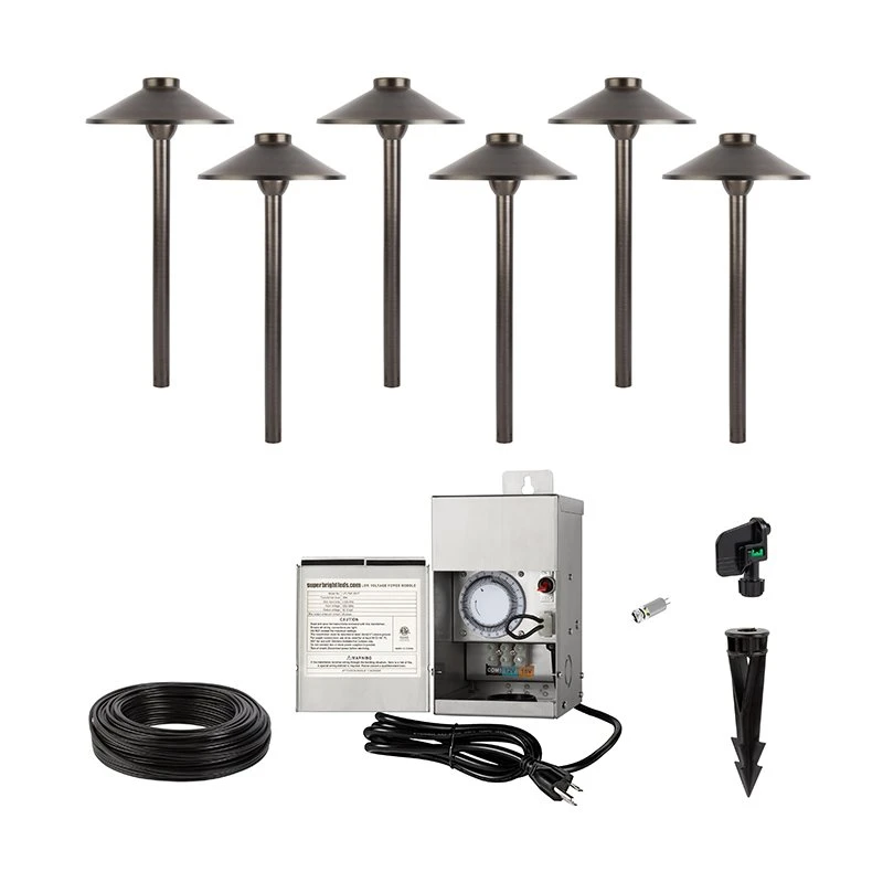 LED Landscape Lighting Kit - 6 Brass Cone Shade Path Lights With White G4 LED Bulbs - Low Voltage Transformer