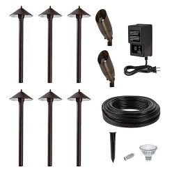 LED Landscape Lighting Kit - 6 Cone Shade Path Lights - 2 Spotlights - Low Voltage Transformer