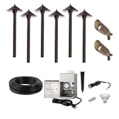 LED Landscape Lighting Kit - 6 Cone Shade Path Lights - 2 Spotlights - Stainless Steel Transformer