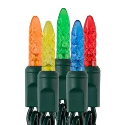 Mini Multicolor LED Christmas String Lights - 25ft - 50 Faceted M5 Bulbs - Green Wire - Multi-Color: Red, Green, Blue, Yellow, Orange