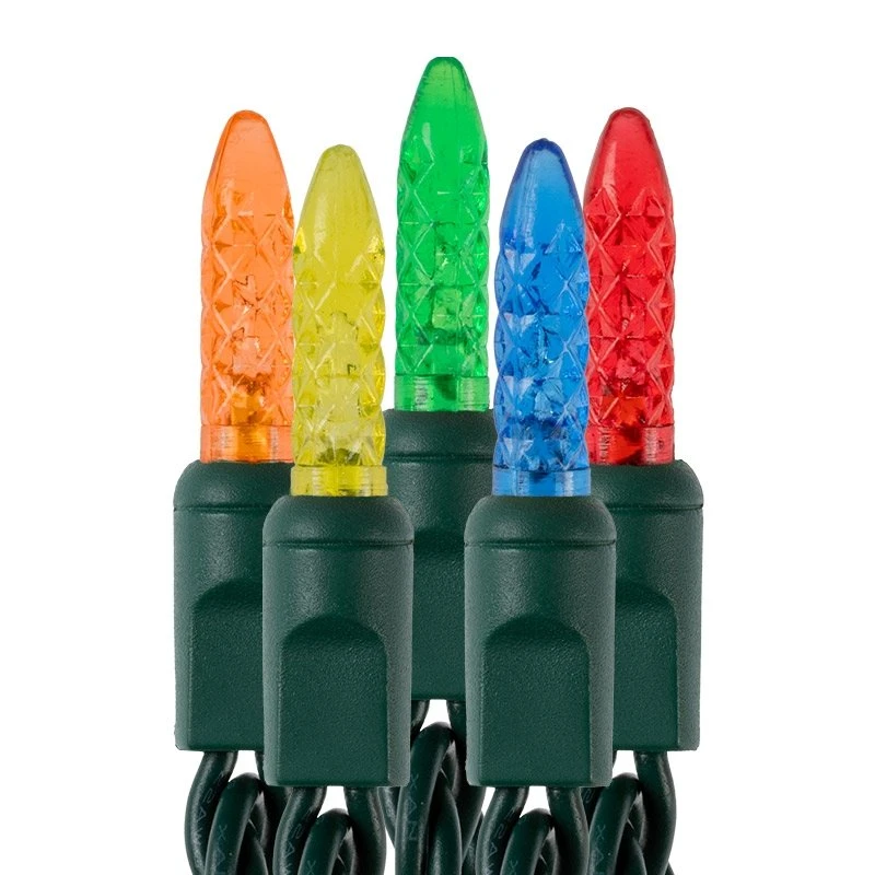 Mini Multicolor LED Christmas String Lights - 25ft - 50 Faceted M5 Bulbs - Green Wire - Multi-Color: Red, Green, Blue, Yellow, Orange