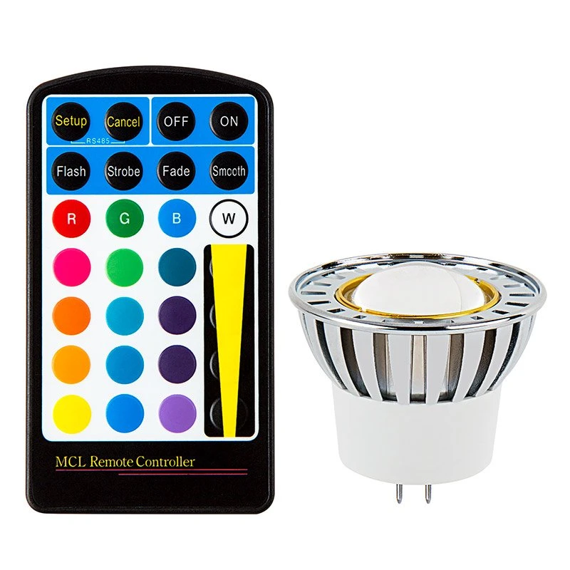 Color-Changing MR16 LED Bulb With Remote - 10 Watt Equivalent - 12V AC/DC - RGB LED Spotlight Bulb - 80 Lumens - 3 Watt RGB