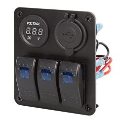 LED Rocker Switch Panel With Voltmeter And Dual USB Port - 3 Position Waterproof DC Distribution Panel - 12 VDC - 20 Amps - RSP2-3