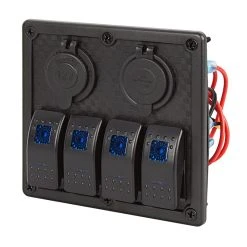 LED Rocker Switch Panel With 12V Accessory Plug Adapter Socket And Dual USB Port - 4 Position Waterproof DC Distribution Panel - 12 VDC - 24 Amps - RSP2-4