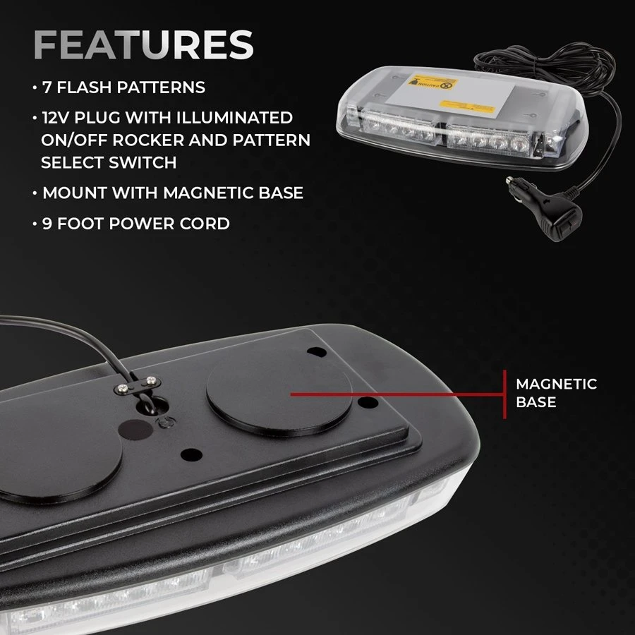 Mini Emergency 12" LED Light Bar - Magnetic Surface Mount - 12V Plug - Amber/White - Image 3